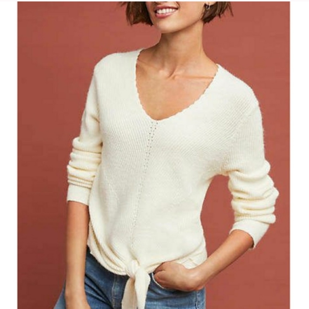 MOTH by Anthropologie Cream Tie-Front Knit Sweater Size S